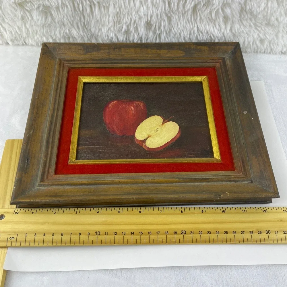 Antique French Still Life Oil Painting Red Apple Gold Frame Red Velvet Mat - Picture 14 of 16